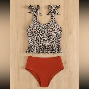 Leopard Print Tie Shoulder Swim Top